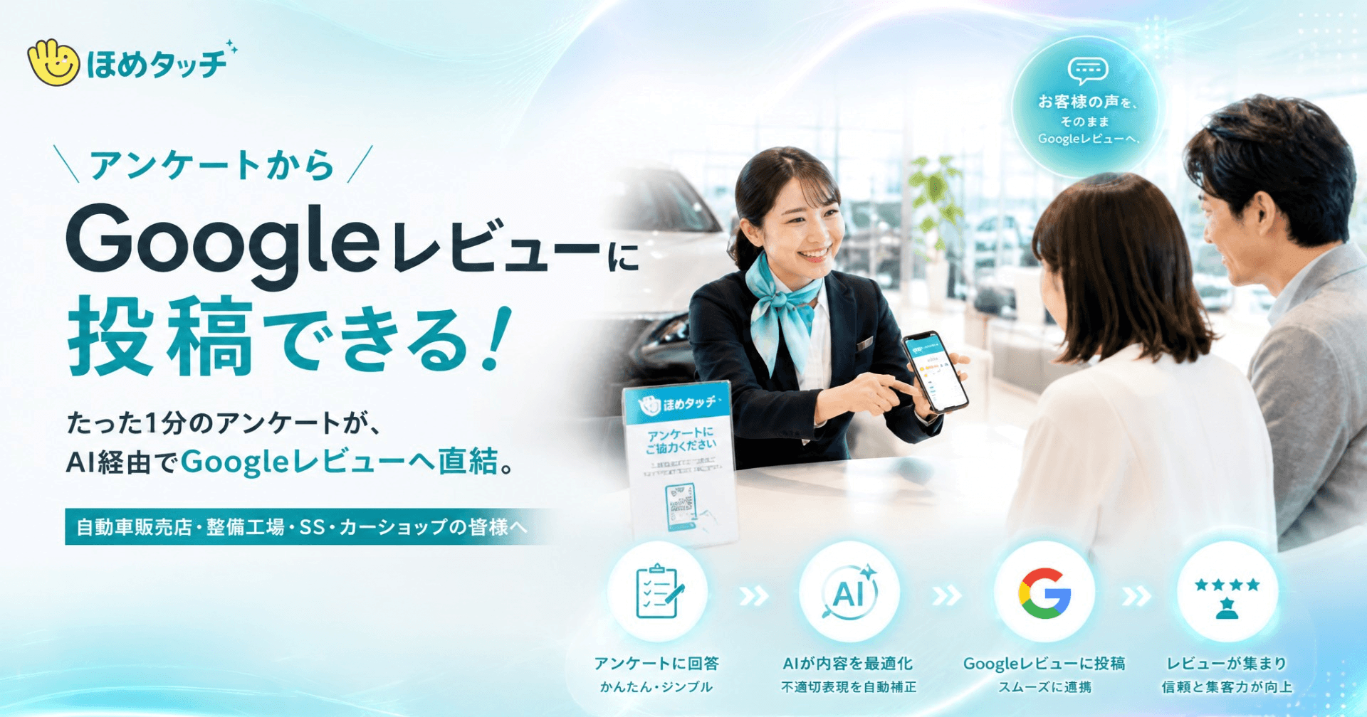 Googleレビュー獲得サービス ほめタッチ　アンケートからGoogleレビューに投稿できる！たった1分のアンケートがAI経由でGoogleレビューへ直結