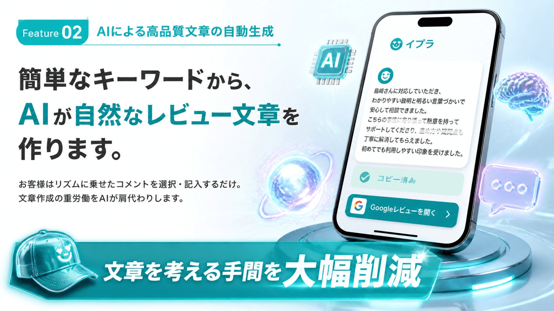 Feature02 AIによる高品質文章の自動生成　カンタンなキーワードから、AIが自然なレビュー文章を作ります。文書を考える手間を大幅に削減